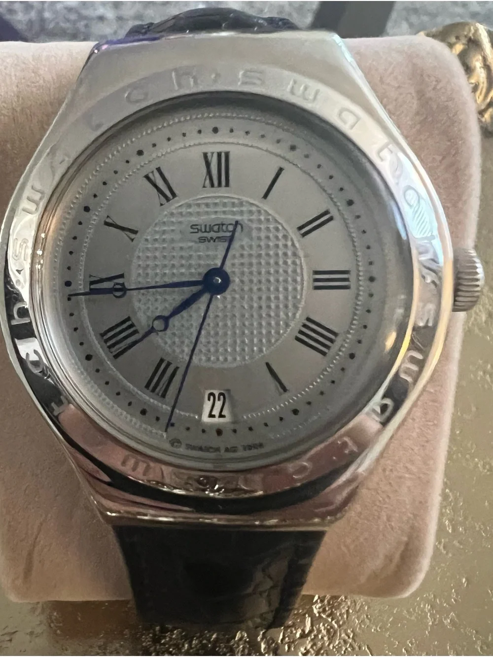 Swatch Silver Case Watch with Black Strap and White Dial